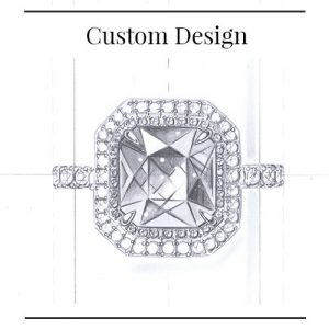 hand drawn sketch of halo ring with radiant cut gemstone and text reading "Custom Design"