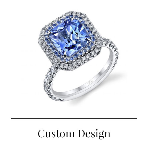 image of radiant cut sapphire and halo ring and text reading "Custom Design"