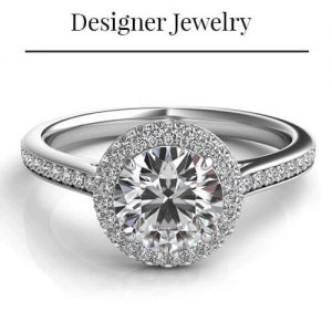 product image of round diamond ring with diamond halo and text reading "Designer Jewelry"