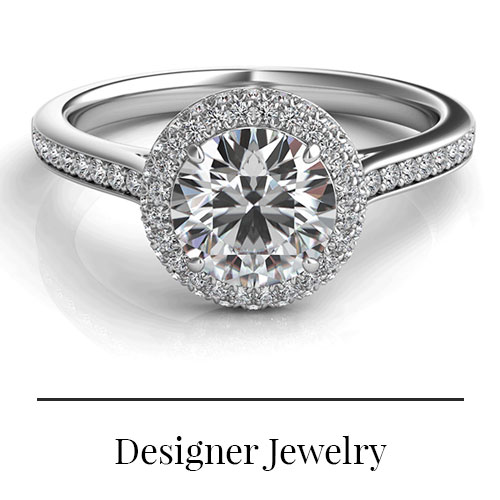 Image of a round diamond ring with a diamond halo and text reading "Designer Jewelry"