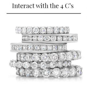 Stack of white metal diamond eternity bands in various styles and text reading "Interact with the 4c's"