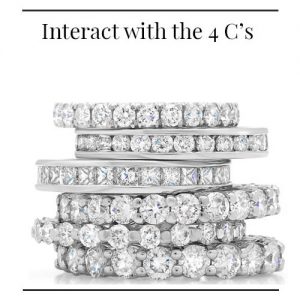 Stack of white metal diamond eternity bands in various styles and text reading "Interact with the 4c's"