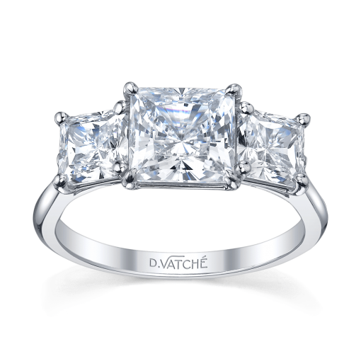 product image of princess cut three-stone diamond engagement ring in white metal from Vatche