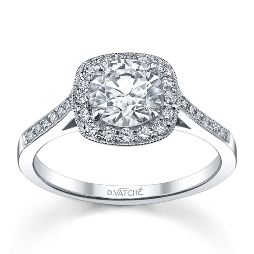 product image of round halo diamond engagement ring in white metal from Vatche