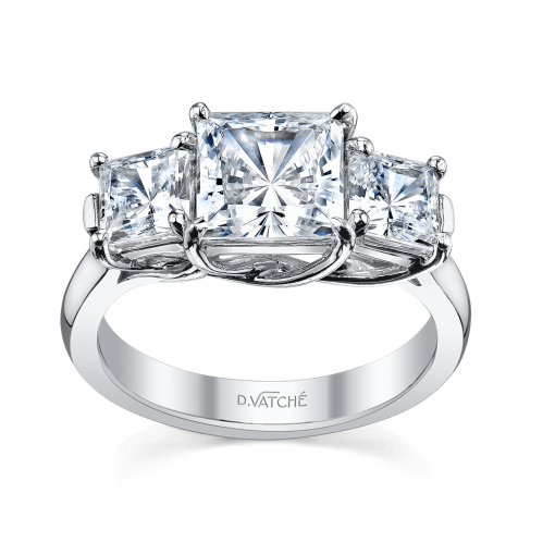 product image of princess cut three-stone diamond engagement ring in white metal from Vatche