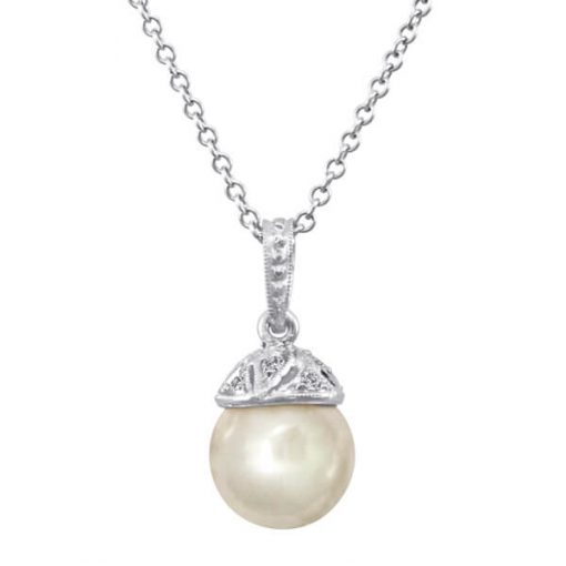 product image of white metal cup holding white pearl in pendant