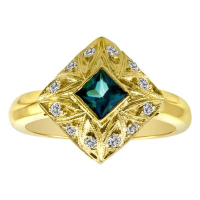 product image of yellow gold, diamond and teal gemstone ring