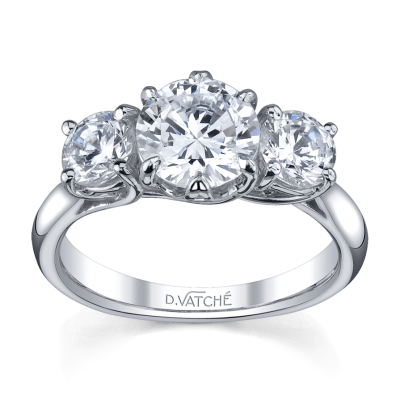 product image of round three-stone diamond engagement ring in white metal from Vatche