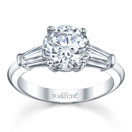 product image of round and baguette three-stone diamond engagement ring in white metal from Vatche