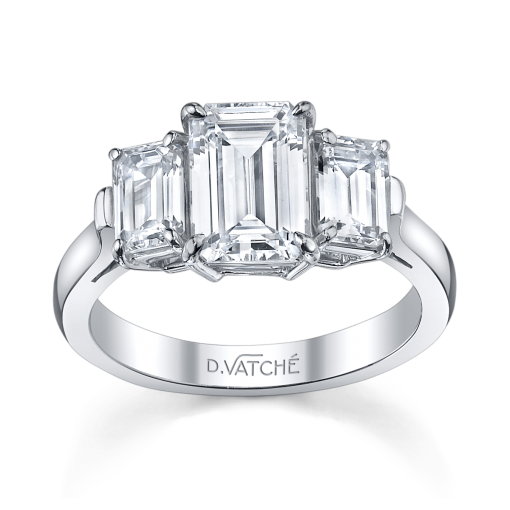 product image of emerald cut three-stone diamond engagement ring in white metal from Vatche