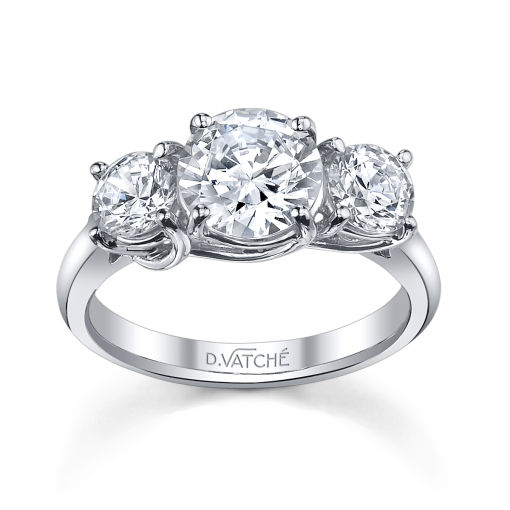 product image of round three-stone diamond engagement ring in white metal from Vatche