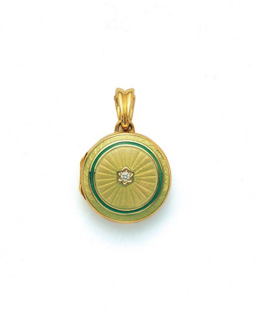 product image of yellow and green enamel round locket by Victor Mayer
