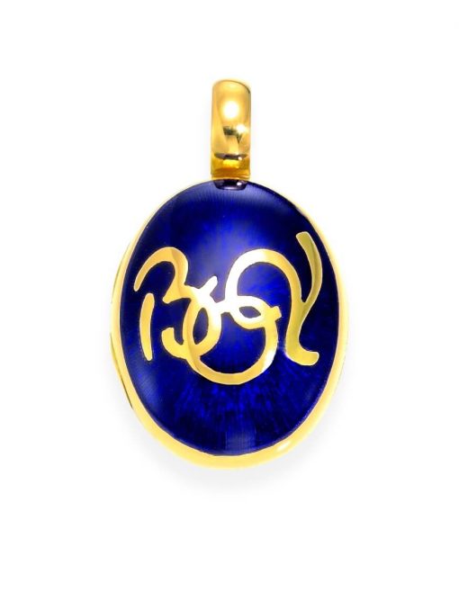 product image of blue enamel locket with gold writing by Victor Mayer