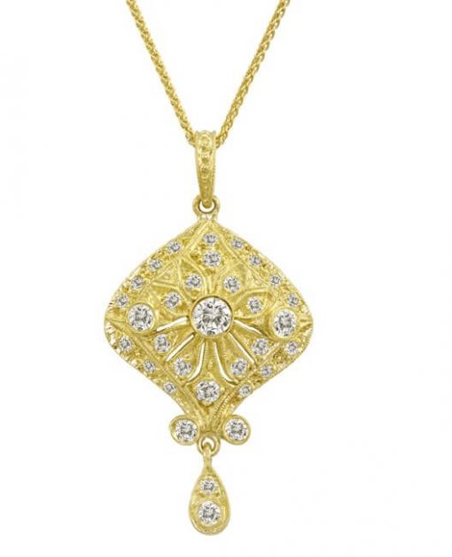 product image of yellow gold vintage style pendant with diamonds