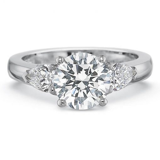 Product image of white gold 3-stone engagement ring with round center and pear shaped sides by Precision Set