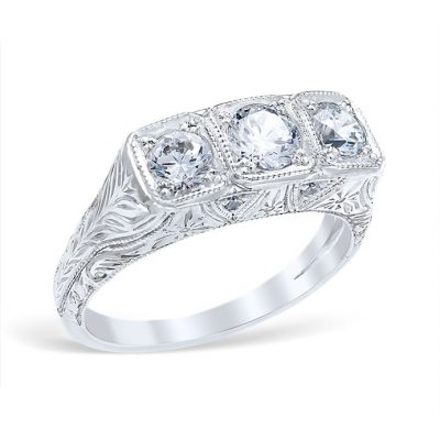 Product image of vintage inspired 3-stone diamond engagement ring by Whitehouse Brothers