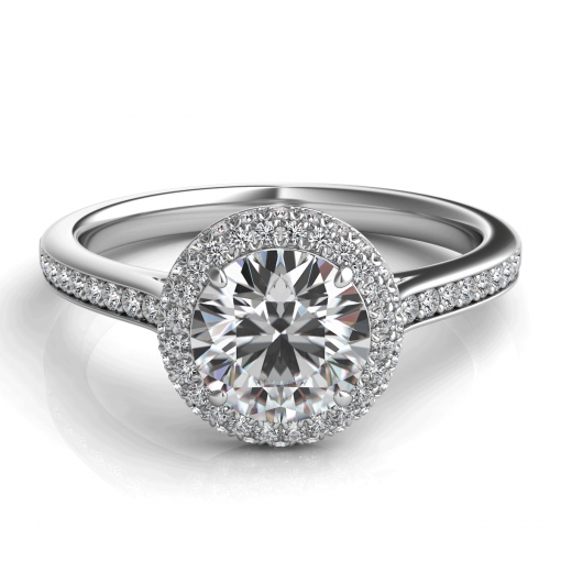 product image of round halo diamond engagement ring with channel-set shank from Sasha Primak