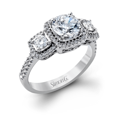product image of 3-stone diamond engagement ring with halos