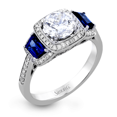 product image of sapphire and diamond ring with halos from Simon G.