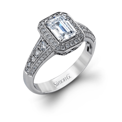 product image of emerald cut diamond accented engagement ring with halo from Simon G.