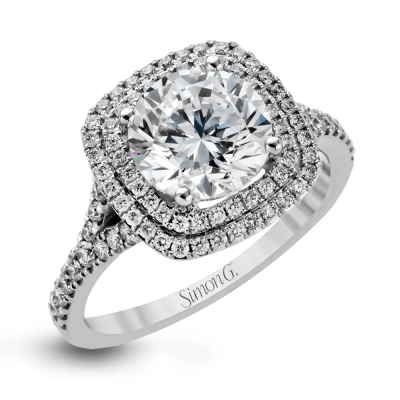 product image of split shank diamond accented engagement ring with double halo from Simon G.