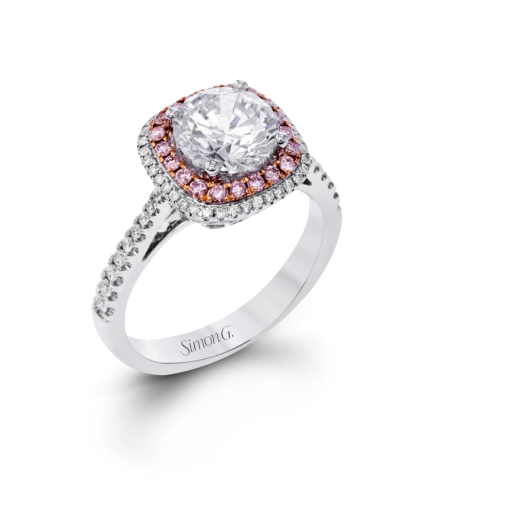 product image of white gold diamond engagement ring with pink halo