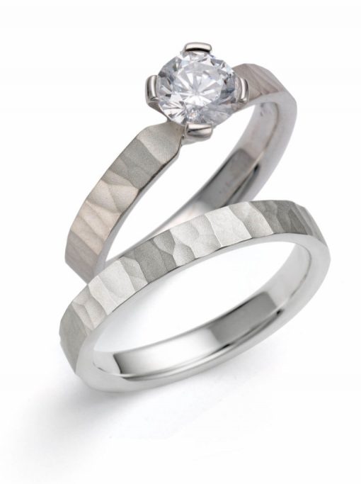 product image of white hammer finish wedding set with round diamond from Toby Pomeroy