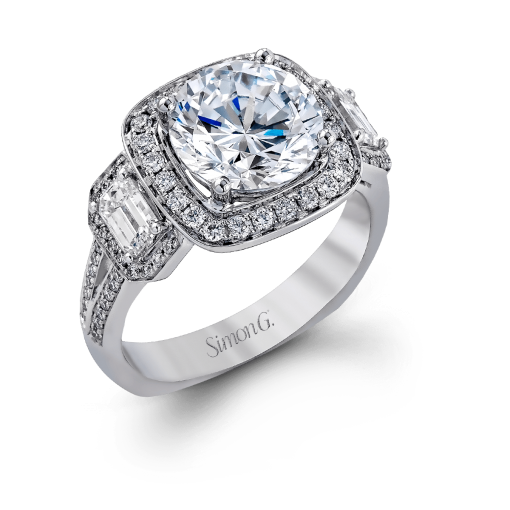 product image of three-stone halo diamond engagement ring from Simon G.