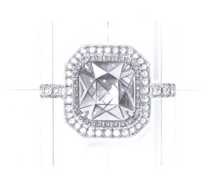 hand drawn sketch of halo ring with radiant cut stone