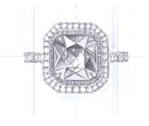 hand drawn sketch of halo ring with radiant cut gemstone