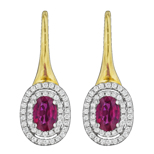product shot of Spark Creations Ruby & Diamond Double Halo Earrings with yellow gold hook