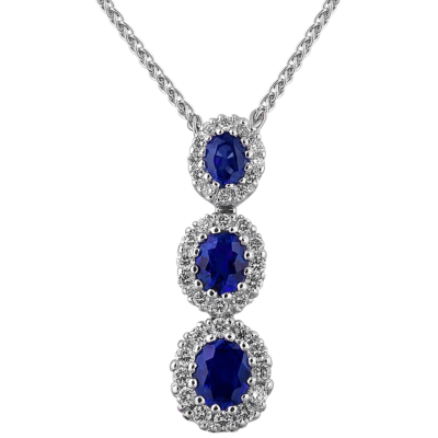 product image of Spark Creations blue sapphire and diamond halo three stone drop pendant
