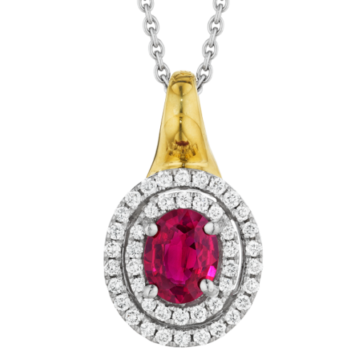 detail shot of Spark Creations ruby and diamond double halo pendant