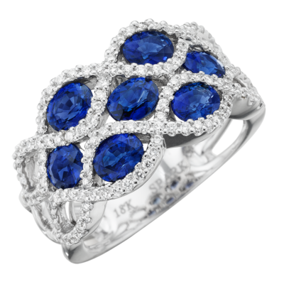 angled product image of Spark Creations blue sapphire and diamond honeycomb fashion ring