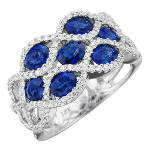 angled product image of Spark Creations blue sapphire and diamond honeycomb fashion ring
