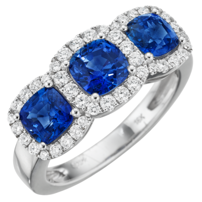 product image of Spark Creations three stone blue sapphire and diamond halo ring