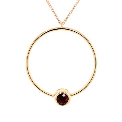 image of yellow gold cirle necklace with bezel-set garnet