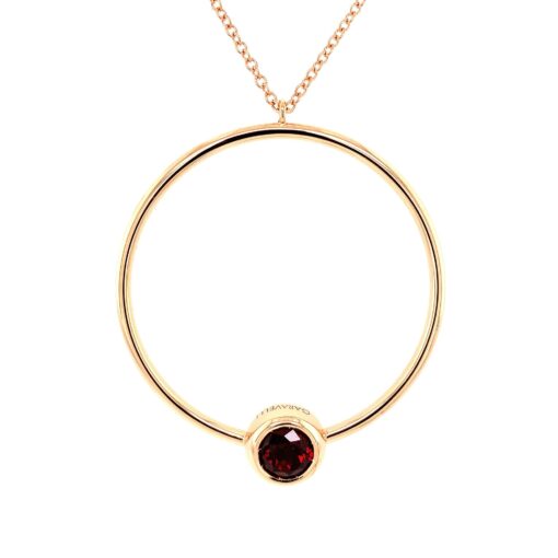 image of yellow gold cirle necklace with bezel-set garnet